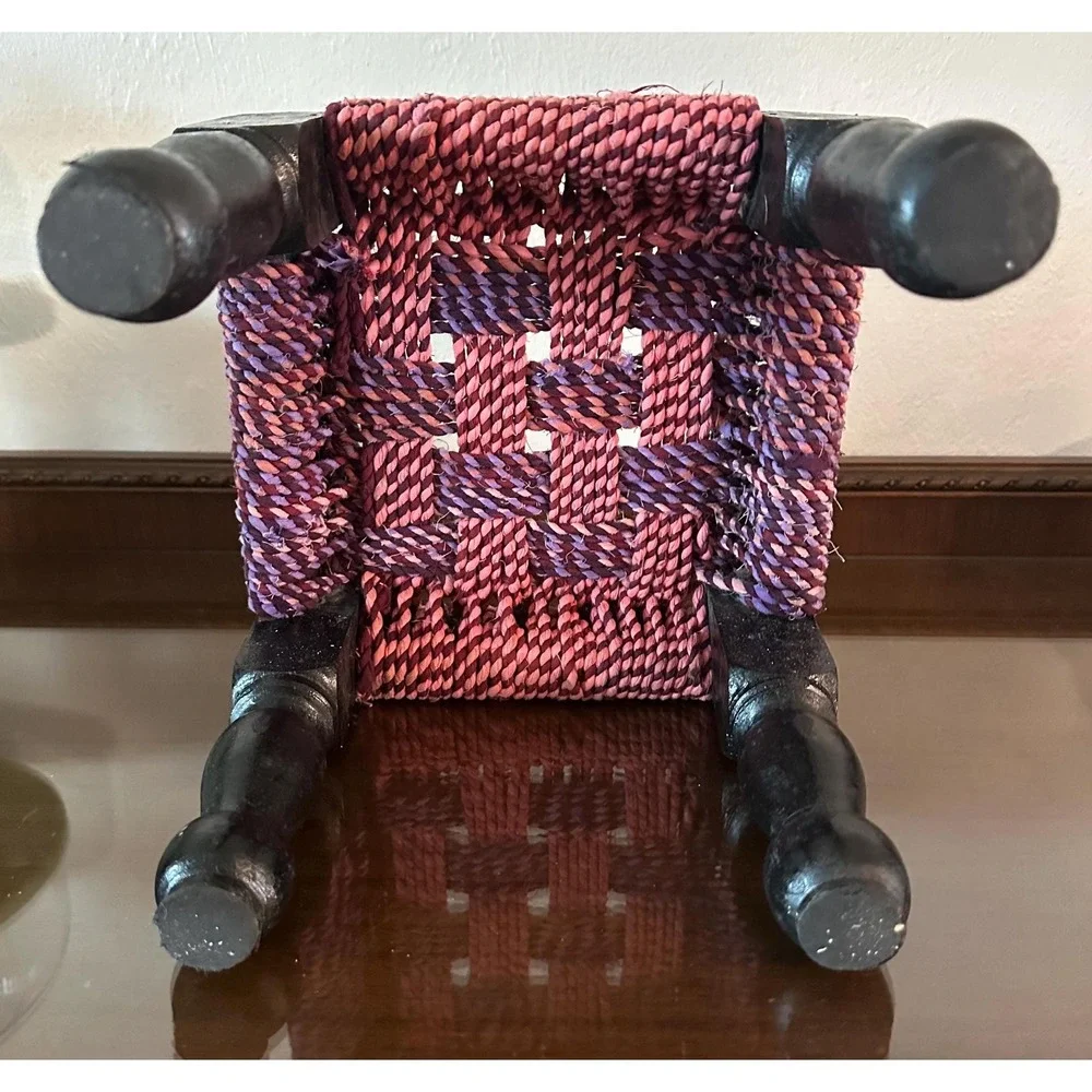 Vintage Pink and Purple Hand Woven Small Low Seat Stool